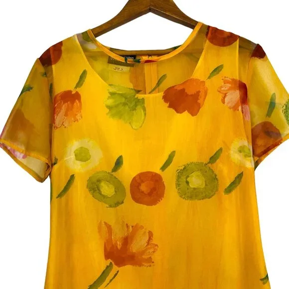 Vtg Byer Studio Women's Sheer Dress Size 14 Floral Print Yellow 3-Tiered Hem - Picture 4 of 12